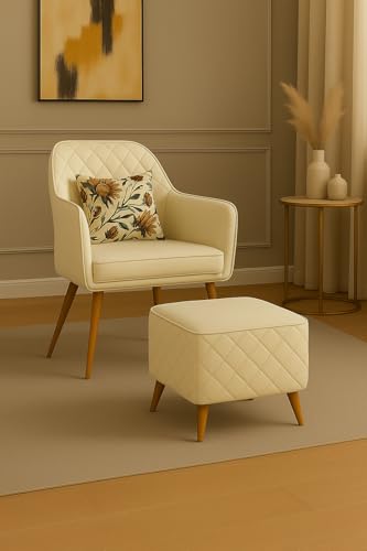 Image of Velvet Accent Chair with Matching Pouffe & Floral Cushion | Modern Upholstered Armchair with Gold Metal Legs | Lounge Chair for Living Room, Bedroom, Office, Guest Room (Beige Diona)