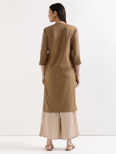 Image of SAADAA Women's Linen Straight Fit Straight Long Kurta Airy Plain Kurta, 3 /4 Sleeve, Knee Length Kurtis with Pockets, Casual and Office Wear