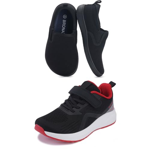BRONAX Little Kids Wide Tennis Walking Shoes Black Red Size 12