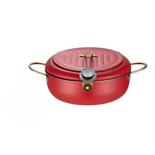 Aeroor 鉄製 ガード枠 バット蓋付 温度計付 揚げ鍋 安心 天ぷら鍋20/24cmフライヤー グリーンてんぷら 唐揚げ 揚げ物 (レッド,24CM)