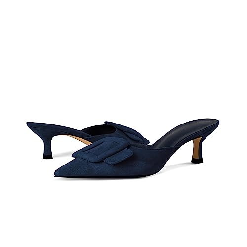 Kitten Heel Mules Sandals for Women Pointed Toe Square Buckle Backless Slip on Suede Stiletto Dress Heeled Sandals Wedding Party Shoes4