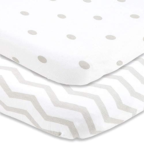 Cradle Sheets Fitted 18 x 36 – Fits Most Bedside Sleeper Bassinets Without Bunching Mattress Pad – Snuggly Soft Jersey Cotton – Grey Dots, Chevron – 2 Pack
