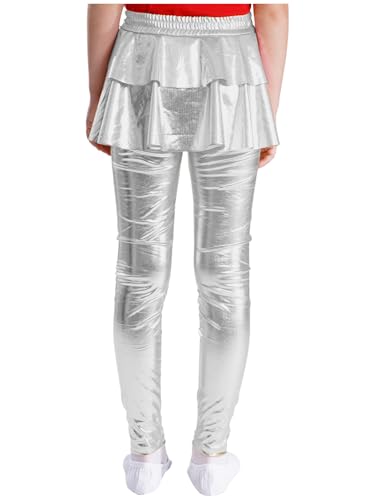 Kids Girls Metallic Leggings with Ruffle Skirt Shiny Tutu Pantskirt Tights Stretchy Pants Slim Fit Culottes2