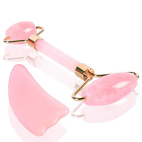 Jade Facial Roller and Gua Sha Set for Face , Jade Lady Natural Jade Anti-aging Massager Tools, Reduce Fine Lines and Dark Circle (Pink)
