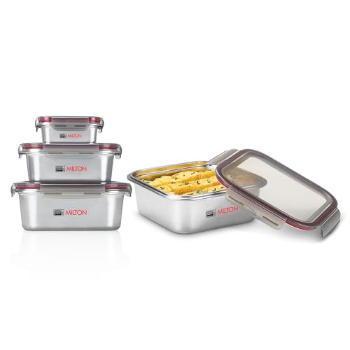 Image of MILTON Modulo Steel Square Container with lock lid, Set of 4 (400,800,1440 & 2400 ml)|Airtight & Leakproof|Microwave & Oven safe| Light Weight | School, Office or Picnic use, Silver