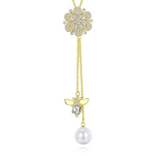 Collier long pull fleur et perle gland pour femme élégante