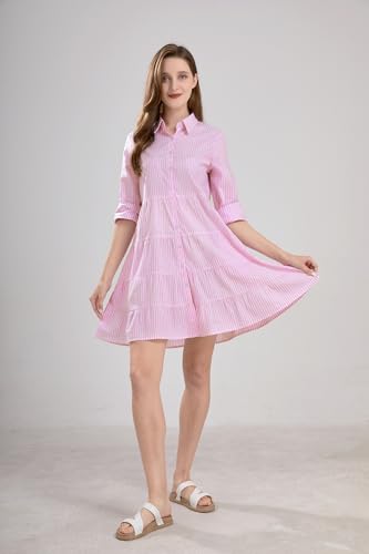 Image of utcoco Womens Striped Button Down Midi Shirt Dress Casual Loose Cuffed Long Sleeve Mid Long Dresses