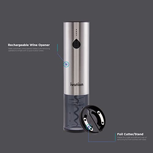 Ivation Rechargeable Automatic Wine Opener | Electric Cork Extractor Tool With Lithium Battery, Led Lights, Usb Charging Cable, Bonus Foil Cutter & Elegant Gift Box | Uncorks 50 Bottles Per Charge #TOP3