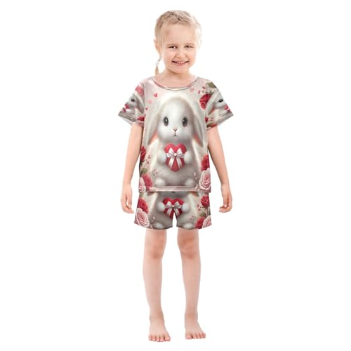 Rabbit Heart Red Valentine Pajama Set Short Sleeve Pajamas Shorts Sets Cotton Soft Loungewear Sleepwear 5Y3