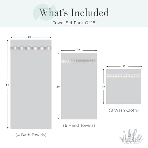 Image of Villa Celestia 100% Cotton Bath Towel Set of 18-4 Bath Towels, 6 Hand Towels, 8 Wash Cloths, Sustainable, Soft, Highly Absorbent, Combed Cotton 18 Piece Set for Hotels, Spa, Bathroom, Dorm, Teal