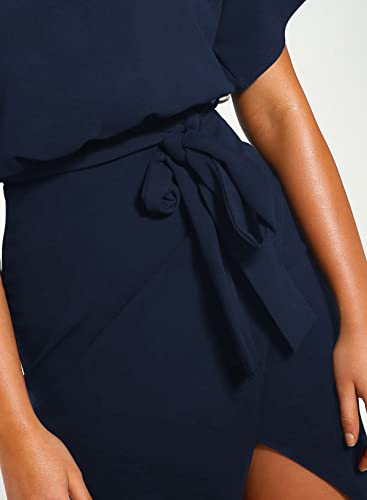 Happy Sailed Wrap Bodycon Dress For Women Summer Short Sleeve Wasit Belted Knee Length Sheath Pencil Office Dresses For Cocktail Party Eveing Blue X-Large #TOP7