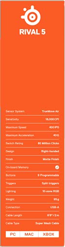 Rival 5 - Mouse da gioco, FPS, MOBA, MMO, Battle Royale, sensore ottico TrueMove Air da 18.000 CPI, 9 pulsanti programmabili, peso competitivo 85 g, nero - Mouse gaming - Immagine 13