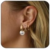 Gold Pearl Hoop Earrings for Women | 18K Gold Huggie Dangle Earrings | Lightweight Small Hoop Earrings