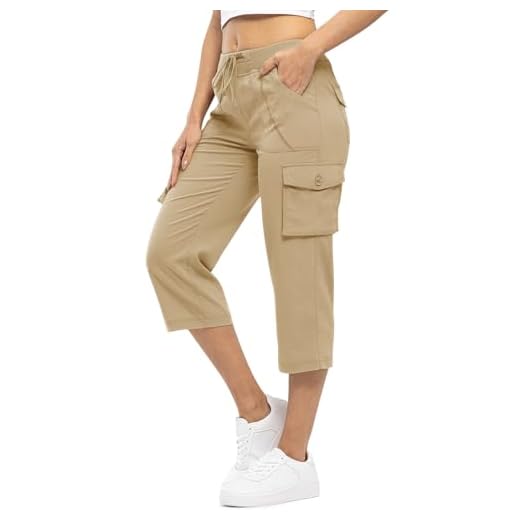 Rdruko Women's Cargo Capris Pants Lightweight Quick Dry Hiking Summer Casual Travel Pants with Pockets,Khaki, US L