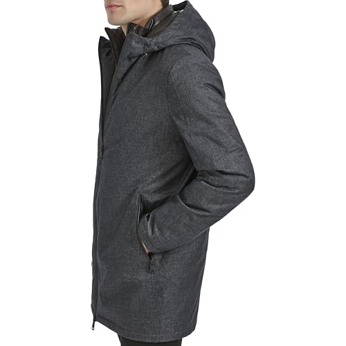 Kenneth Cole Men's Water Resistant Printed Wool Midweight Hooded Stadium Coat W/Quilted Bib3