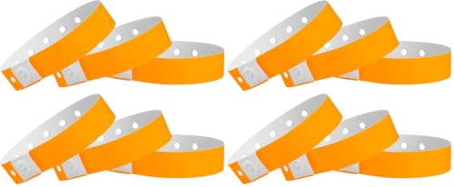 Image of 100 WristCo Neon Orange Plastic Wristbands for Events - Extended Wear, Secure Snap Prevents Reuse - Premium-Grade Bracelets for Hospital & Medical ID, Party & VIP Identification (Pack of 4)