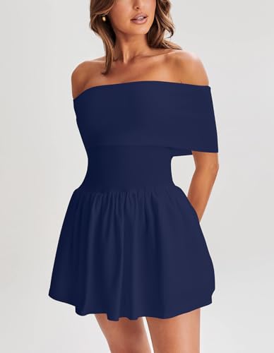 Image of Atizon Women's Summer Off The Shoulder Mini Dress Casual Short Sleeve Trendy Cocktail Party A Line Dresses