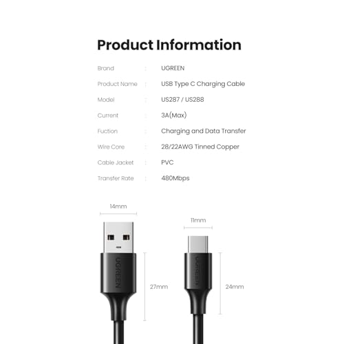 Image of UGREEN USB Type C 3A 1M Black Cable for Smartphone, Laptop, PC, Power Bank, Adapter