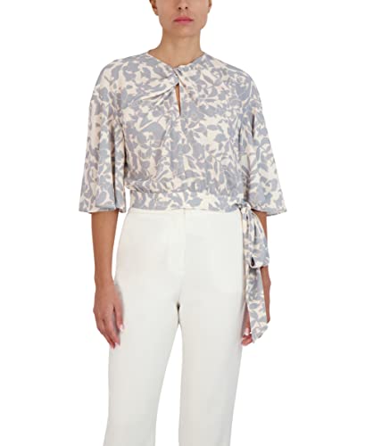 BCBGMAXAZRIA Haut décontracté à manches cloches pour femme - Col rond - Nœud torsadé - Taille cintrée - Froncée, Blush Multi, Taille XS Cover