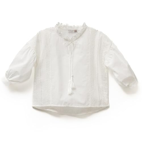 CUENTO Girls Cotton Shirt- Ruffle V Neck, Embroidered, Long Sleeves, Pull On Closure, Casual Top, Everyday Wear_P