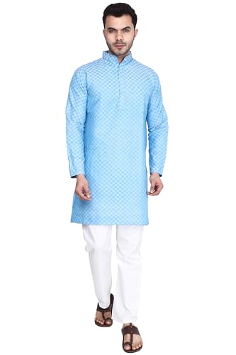 Men's Khadie Cotton - Chequered Sky Blue - Kurta Pyjama Set