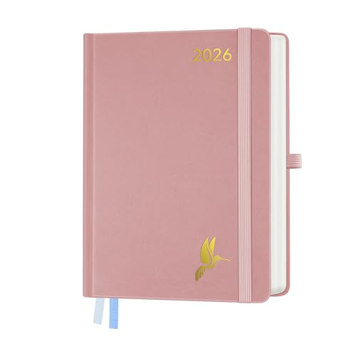 FEKSINO Kalender 2026 Tagesplaner A5 1 Tag 1 Seite - Tageskalender 2026 Hardcover,Terminplaner & Buchekalender 2026, 100 GSM Papier für Arbeit Studium Alltag - Rosa