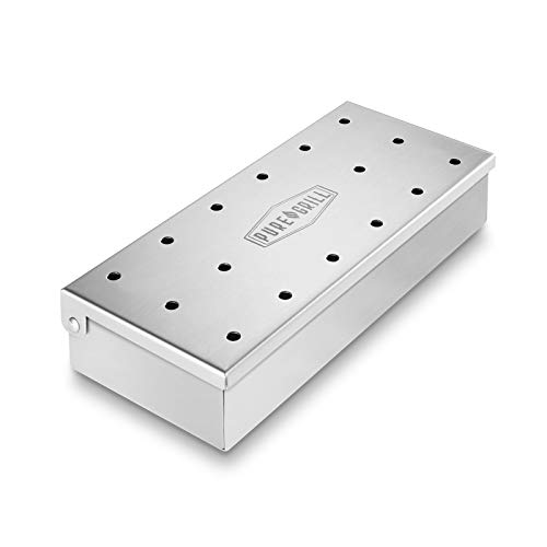Pure Grill BBQ Smoker Box - Heavy Duty Stainless Steel with Hinged Lid for Wood Chips - Barbecue Meat Smoking for Charcoal and Gas Grills