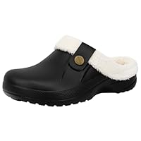 ChayChax Women and Men Fur Lined Clogs Memory Foam Warm Fuzzy Slippers Winter Waterproof Indoor Outdoor Slipper, Black, 6-7 Women/5-6 Men