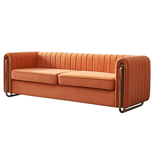 Image of KEIKI 84 inch Velvet Deep Channel Tufted Sofa with Back Cushions and Rolled Arms, Modern Style 3-Seater Couch with Golden Polished Steel Legs, Easy Assembly, for Living Room, Bedroom, Office, Orange