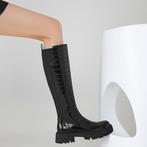 Image of TEAIEU Knee High Boots for Women, Platform Chunky Block Low Heel Tall Boots, Round Toe Side Zipper Fall Long Boots for Dress, Stretch Calf, Comfortable