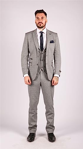 Mens Light Grey 3 Piece Tweed Suit Herringbone Wool Vintage Retro #TOP7