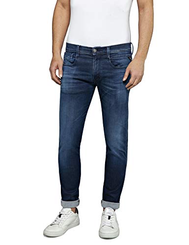 Replay Męskie Spodnie Dżinsy Anbass Slim-Fit Hyperflex ze stretchem, Dark Blue 007, 31W / 34L