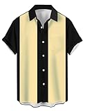 Herren Vintage Bowling Shirts Kurzarm Knopfleiste Farbblock Kuba Shirt, Schwarz und Gelb, L