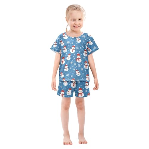 ALAZA Snowman Snowflake Blue Xmas Christmas Pajamas Set Short Sleeve Cotton Sleepwear Summer Pjs 2 Piece 5-14Y3