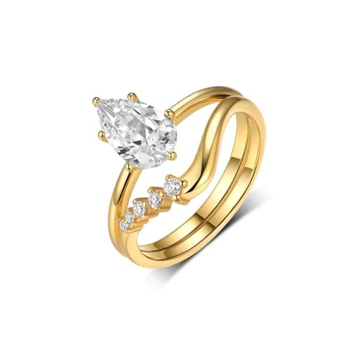Ayoiow Juego de 2 anillos antiguos de oro rosa para mujer con moissanita, anillos de banda para mujer, talla H 1/2-V 1/2, N 1/2, Piedra preciosa, Moissanita