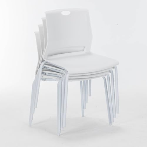 Image of White Stackable Chairs Set of 4, Modern Office Guest Chair Wide Seat, Stackable Dining Chairs, Plastic Chair for Conference Room, Living Room, Waiting Area, Classroom.
