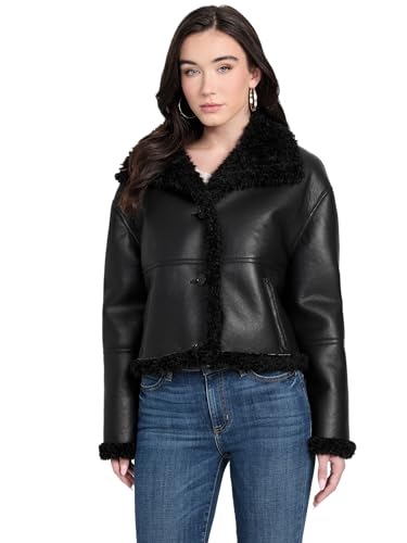 GUESS Womens Terry Crop Faux Shearling, Jet Black, Large