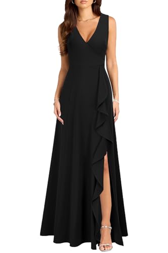 MUSHARE Women's V Neck Sexy Split Cocktail Dress with Pockets Ruffle Party Long Formal Dress Black