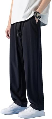 （23:30時点） [GmrvaMen] ワイドパンツ メンズ 接触冷感 ロングパンツ イージーパンツ ズボン ストレート ゆったり ストレッチ カジュアル 薄手 速乾 通気 春 夏 ボトムス アイスシルクパンツ (ブラック, 3XL)