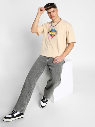 Image of Veirdo Oversized Baggy Fit Pure Cotton Drop Shoulder Half Sleeve & Aesthetic Black & Lilac Back Doodle & Tiger Graphic Printed Round Neck T-Shirt for Men