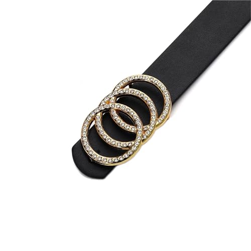 Glamorous Rhinestone Belt For Women Stylish Triple Ring Buckle Durable Black Leather Waistband Forward Jeans4