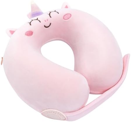 Car Pillow for Big Kids Travel Neck Pillows, Foam Neck Support Travelling Pillow with Washable Cotton Pillowcases and Storage Bag, for Airplane, Train, Flight and Home Use Unicorn Pink