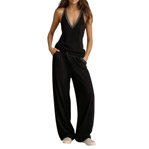 Generisch Pijama para mujer, conjunto de pijama de dos piezas, elegante, acanalado, ropa de otoño, suelto, manga larga, cuello en V, parte superior, pierna ancha, pantalones, ropa de dormir, tiempo