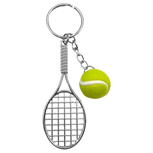 Llavero Plástico en Forma de Pelota de Tenis y Raqueta, Cuelga Llaves, Llavero para Tenista, Key chain Modelo Esférico, Detalle, Pelota 2 cm Diámetro x Raqueta 7.5 cm de Largo