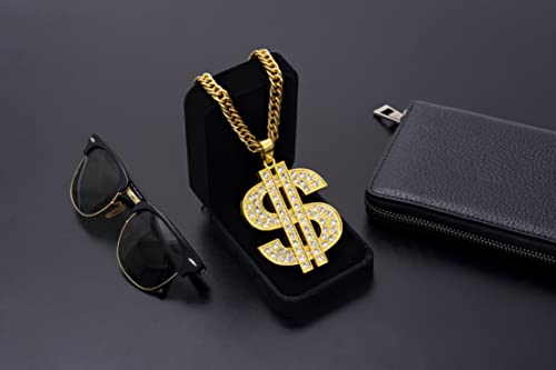 Gold Chain with Dollar Sign Big Money Necklaces for Men Women Stainless Steel Rhinestone Jewelry Fashion Pendants with 28 Inches Cuban Chain (Gold)Spinner Dollar Sign Necklaces 36 Inches3