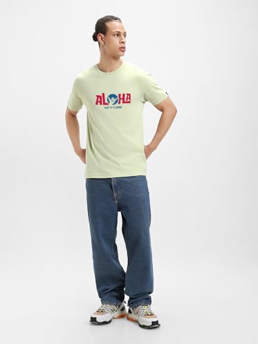 Image of Bewakoof Men's Typography Regular Fit Half Sleeve Round Neck Pure Cotton T-Shirt 1500903 Green 3XL
