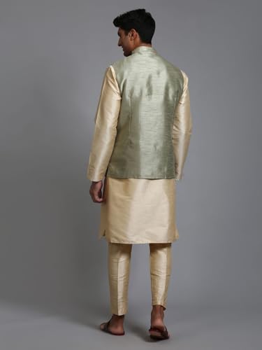 Image of VM Men's Mint Green-AX1 and Gold Silk Blend Jacket, Kurta and Pyjama Set VMMJ217MInKGO001nPANT005GO 38