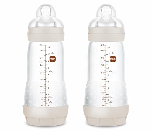 MAM Pack 2 Biberones Anticólicos, a partir de 4 Meses, 320ml, con Tetina 3 Flujo Rápido de Fácil Aceptación, Autoesterilizable y Fácil de Limpiar, MAM Easy Start Anti-Colic, Neutro Mate, Pack de 2uds