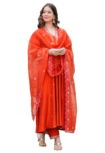 Kurta pantalon et dupatta orange en viscose pour vos soirées d'été