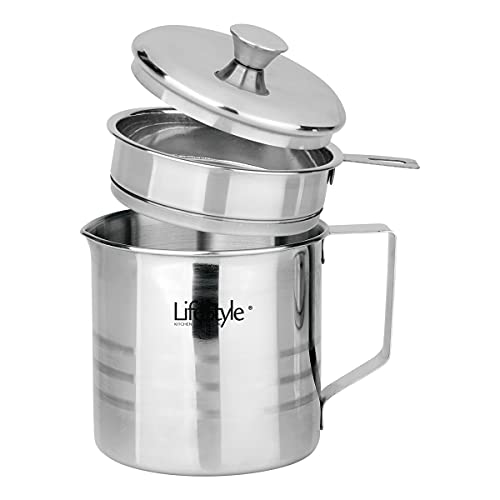 Tradineur - Grasera metálica de 10 cm de diámetro y 14,6 cm de altura, con filtro, asa y tapa. Aceitera con colador para conservación de aceite de acero inoxidable. Recipiente para colar aceites.